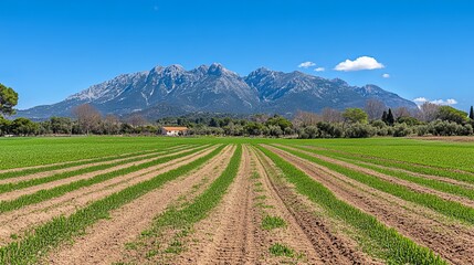 Panoramic farmland, rows of young wheat, mountains in background