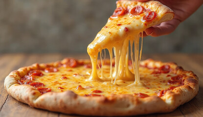 Delicious Pizza Slice with Melted Cheese Draped Over