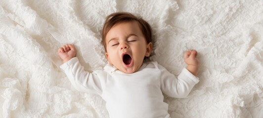 The adorable baby yawning peacefully on a soft white blanket.