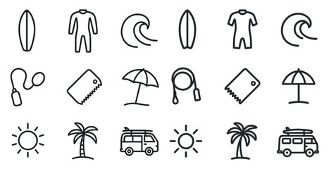 Obraz premium Surfing outline icons set – linear, line, ocean and beach elements