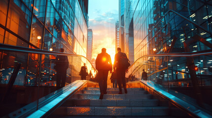 City commuters ascend stairs toward a vibrant sunset, framed by modern skyscrapers and urban architecture.