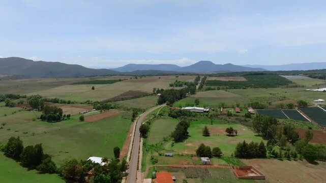 Drone captures vast, lush landscapes in Chiquilistlan, Jalisco, under a bright blue sky, accentuating intricate plots with a serene mountaintop backdrop, and scattered farmhouses.