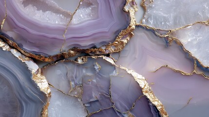 Organic agate slices with gray and white bands, subtle cracks and metallic edges on purple gradient, natural mineral surface for tile design or healing decor concepts