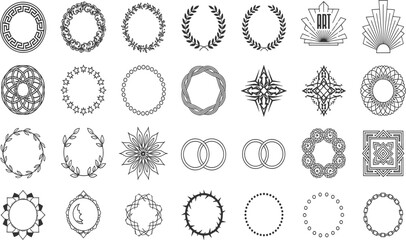 A collection of various circular icons with abstract, geometric, and space-themed designs.