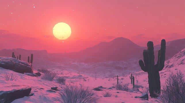 Snowy desert sunset, vibrant pink hues