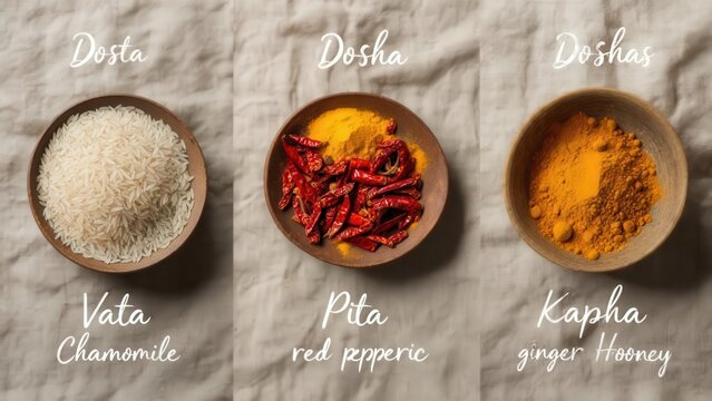Three small bowls of white rice, red chili pepper and yellow turmeric powder, each labeled with the corresponding Ayurvedic dosha: Vata, Pitta and Kapha. Concept of Ayurvedic principles and well-being