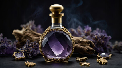 Purple perfume bottle on dark background