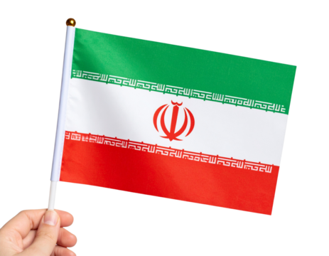 Hand Holding Small Iranian Flag on Stick, Slight Tilt, Clean Front View, Isolated PNG.
