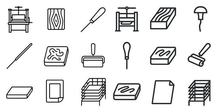 Printmaking tools outline icons set – linear, etching, artistic and craft symbols