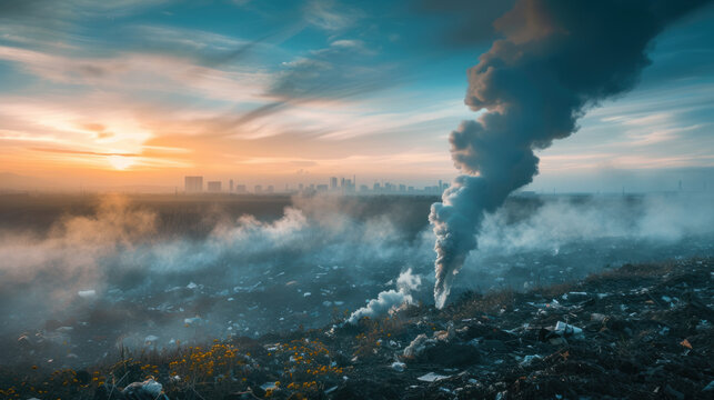 Environmental pollution over garbage, and smoke rising against urban skyline at sunrise. - Powered by Adobe