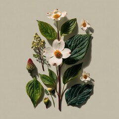 Minimalist Botanical Arrangement of Young Mountain Dogwood Plant: Leaves, Flowers and Stems in Harmony on Clean Background, Soft Lighting Highlighting Natural Structure