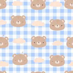 Seamless pattern with cute bear face cartoon on blue gingham checker background, Childish bear pattern, Baby shower pattern, Fabric animal pattern