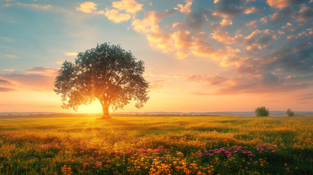 Lone tree silhouetted against a vibrant sunset sky over a blossoming field, creating a serene landscape.