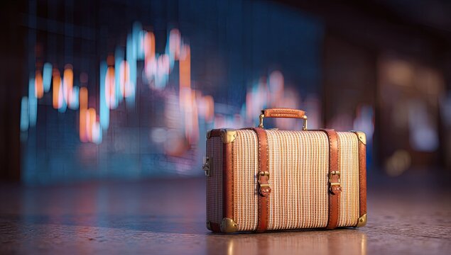 Vintage suitcase in front of stock market data - Powered by Adobe