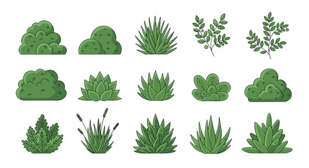 Collection of diverse green pixelated shrubbery and foliage elements for landscape design and gaming assets