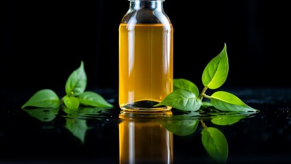 Golden elixir in a glass bottle with green leaves against a dark backdrop representing natural remedy and holistic wellness