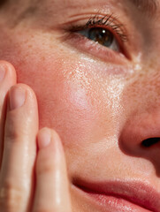Fototapeta premium Photorealistic lifestyle image. A macro close-up of a woman's fingers gently pressing into her own cheek