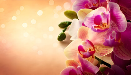 A close-up of vibrant orchids against a soft, warm background with bokeh effects.