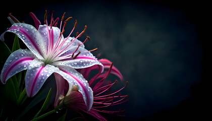 A close-up of vibrant pink and white lilies adorned with droplets on a dark background.