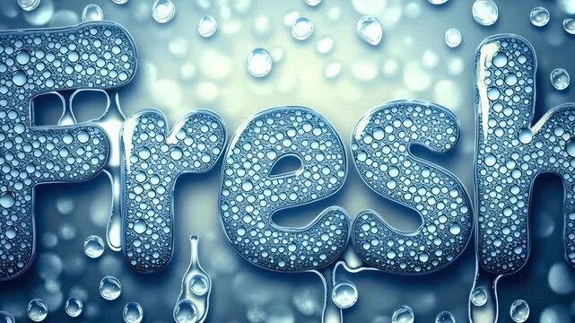 Awaken fresh: glistening water drops ripple across the screen as the word Fresh forms slowly, capturing the sensation of clean beginnings, light energy, and rejuvenating natural essence