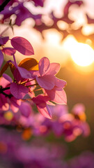 A close-up of vibrant pink flowers with a warm sunset in the background.