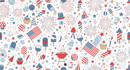 Festive july fourth celebration pattern with patriotic american icons and fireworks