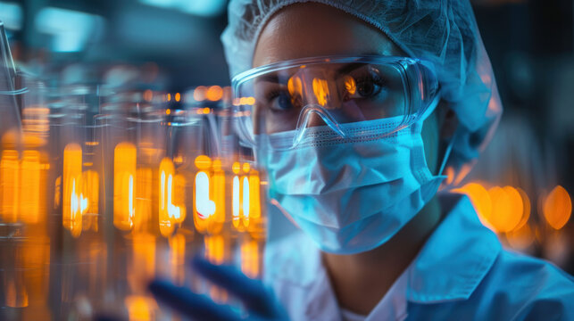 Researcher inspecting liquid in test tubes, wearing safety goggles, lab coat, mask, and surgical cap.
