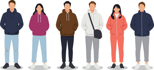 Group of people in hoodies and casual jackets, modern streetwear fashion illustration, flat style young adults standing front view