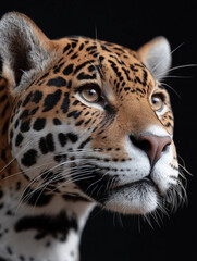 Fototapeta premium Powerful jaguar portrait with intense gaze, captured in dramatic lighting. Wild, elegant, and majestic feline