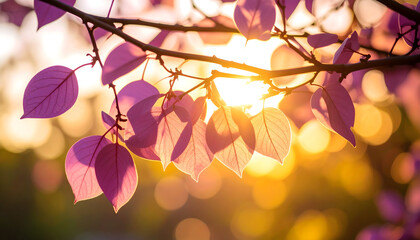A close-up of vibrant purple leaves illuminated by warm sunlight.