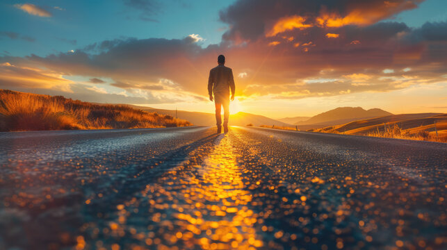 Silhouette walking towards the sunrise, conveying hope and journey, sunburst on road