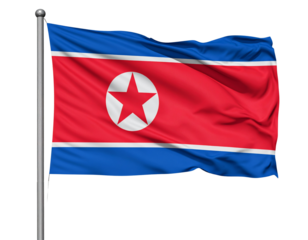 Waving North Korea Flag with Central Red Star Emblem, Side-Angled Wind Flow, Isolated PNG.