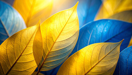 A close-up of vibrant yellow and blue leaves showcasing nature's beauty.