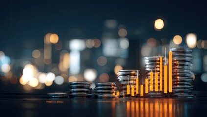 Stacks of coins with upward trending graphs