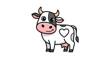 Cute cartoon cow with heart pattern on its side happily grazing in a field
