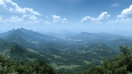 Obraz premium Panoramic mountain vista, lush valleys, puffy clouds