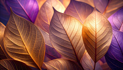 A close-up of vibrant, intricately veined leaves in shades of purple and gold.