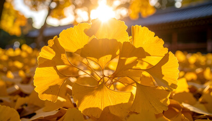A close-up of vibrant yellow ginkgo leaves with sunlight filtering through them.
