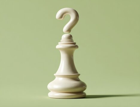 A cream-colored chess king piece with a question mark atop, on a muted sage green background