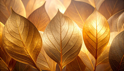 A close-up view of golden leaves, showcasing intricate textures and warm lighting.