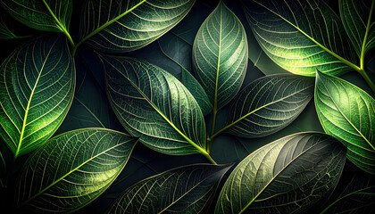 A close-up view of lush green leaves with intricate veins and textures.