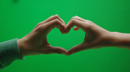 Obraz premium Two hands gently intertwine their fingers to create a heart shape against a vivid green screen backdrop