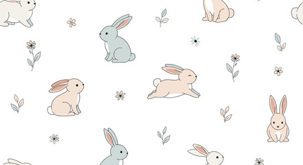 Fototapeta premium Charming pastel bunny rabbit floral springtime fabric pattern design