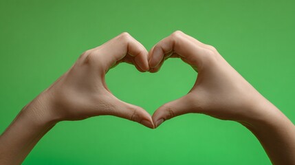 Fototapeta premium Two human hands intertwine, forming a heart shape with delicate fingers against a vibrant green backdrop