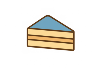 Layered cake slice with blue frosting, cartoon-style graphic against transparent background