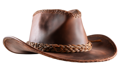Old west inspired leather cowboy hat with high detail and rustic braided feature circling the dome on transparent background
