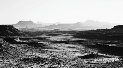 Vast, sunlit, black and white desert landscape