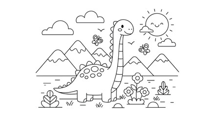 Cute dinosaur and mountains in a sunny day with butterflies and flowers scene