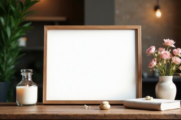 Elegant wedding photo display on rustic wood table, presentation, decor