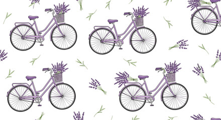 Charming retro bicycles with lavender flowers in wicker baskets pattern